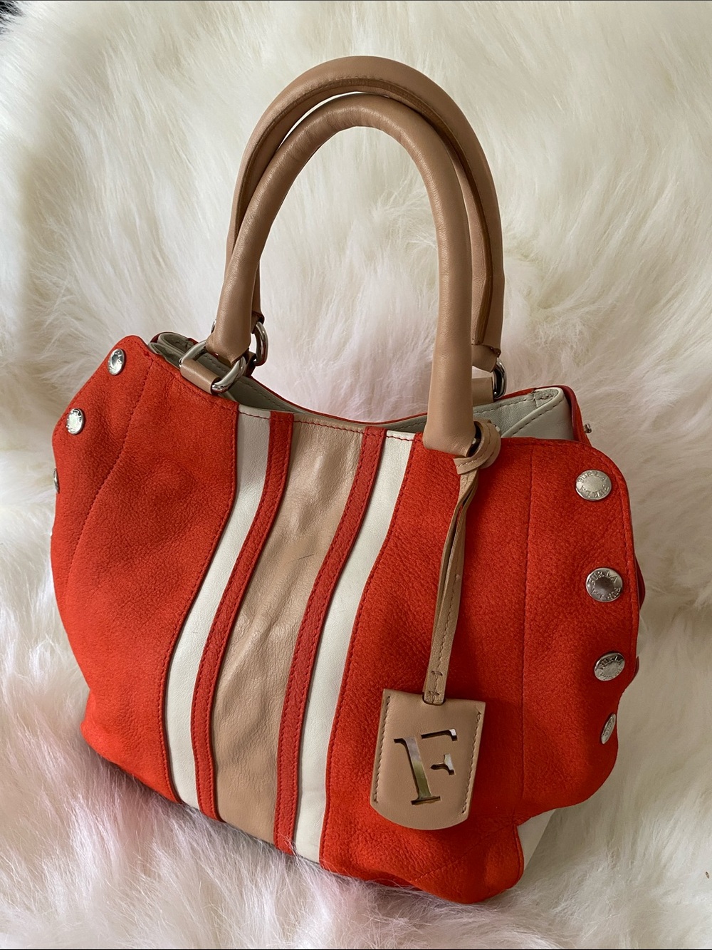 Vintage Furla Striped Expandable Leather and Suede Bucket/ Tote Bag, Rare Find